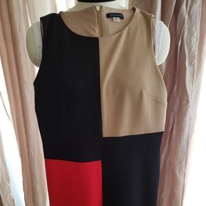 Knee length, red black tan, color block dress